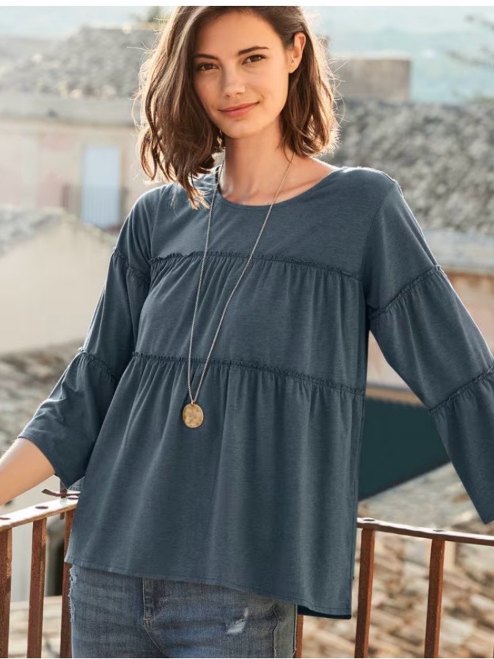 Garnet Hill Gray Organic Cotton Tiered Peplum Top Bell Sleeve Boho Medium